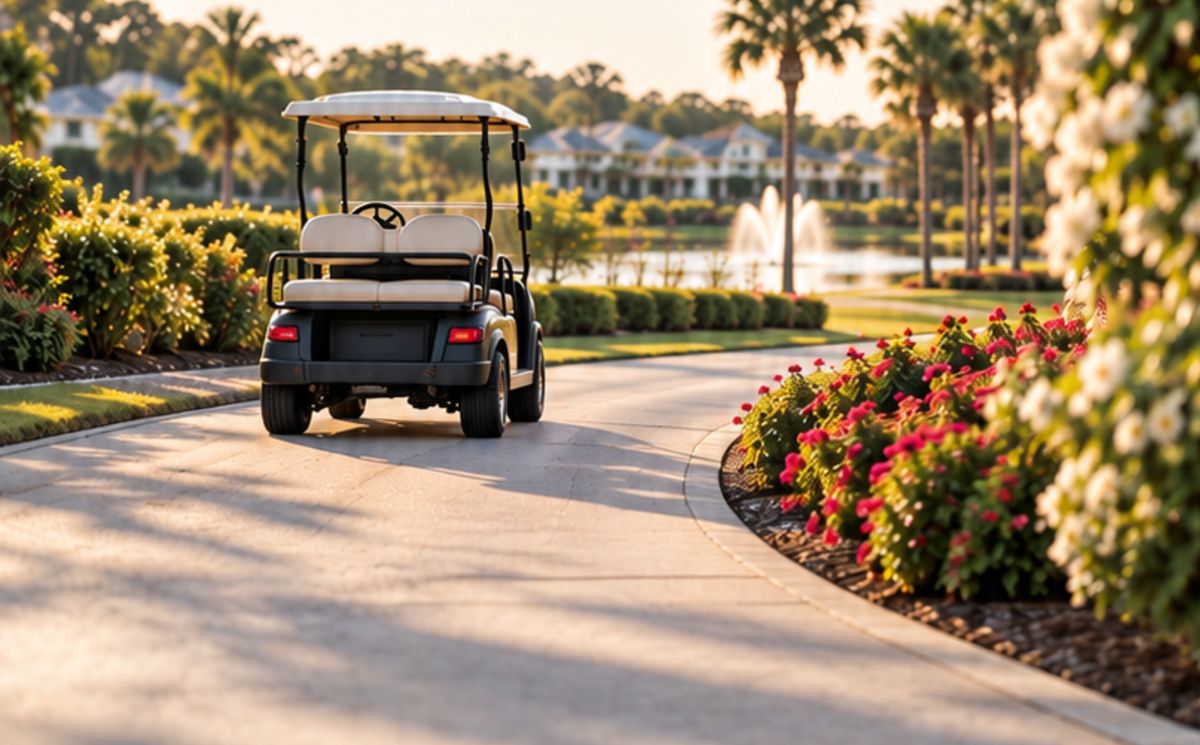Golf cart on a flower-lined path in The Villages