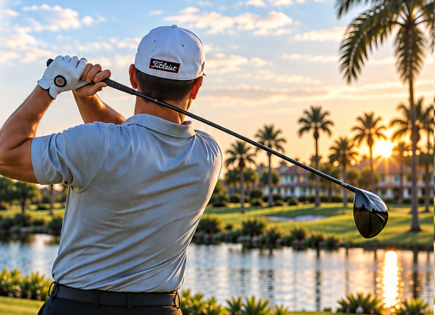 Golfer mid-swing on a palm-lined course at sunset